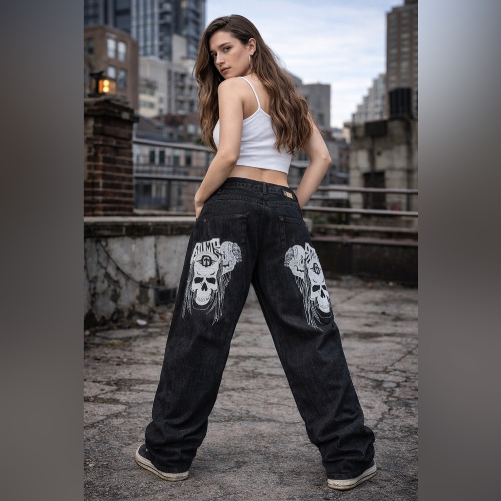 Game Time y2K black denim baggy jeans embroidered skulls oversized fit